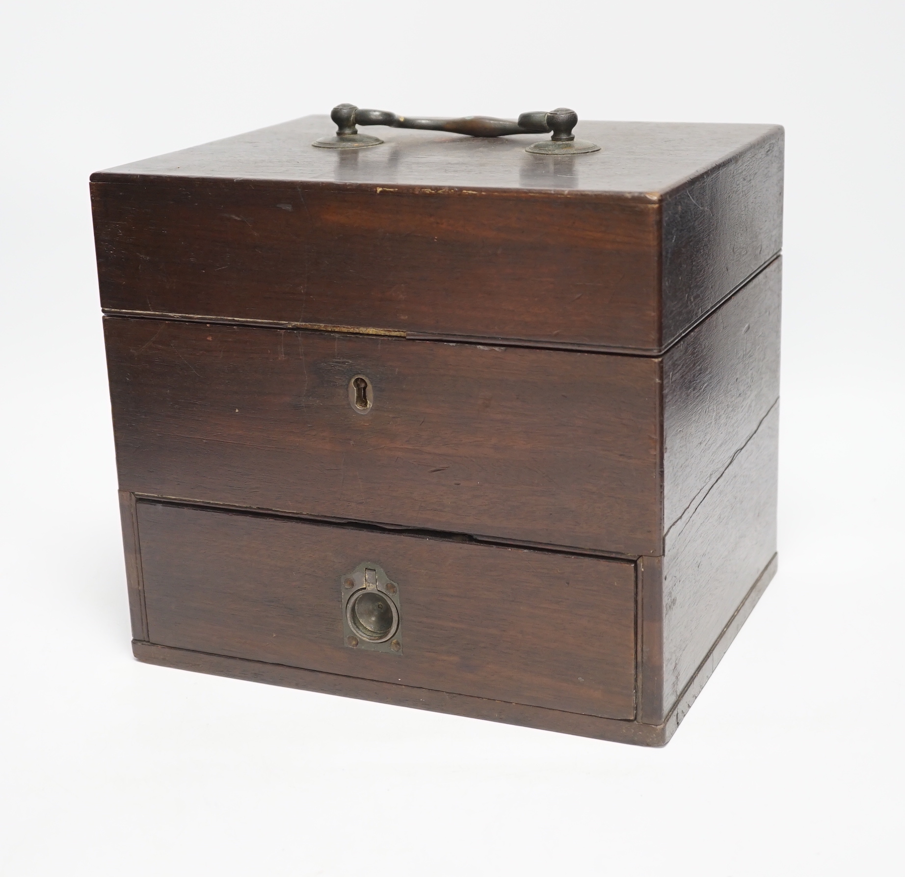 A 19th century mahogany apothecary box and contents, some bottles including Brighton labels, 23cm high x 25.5cm wide